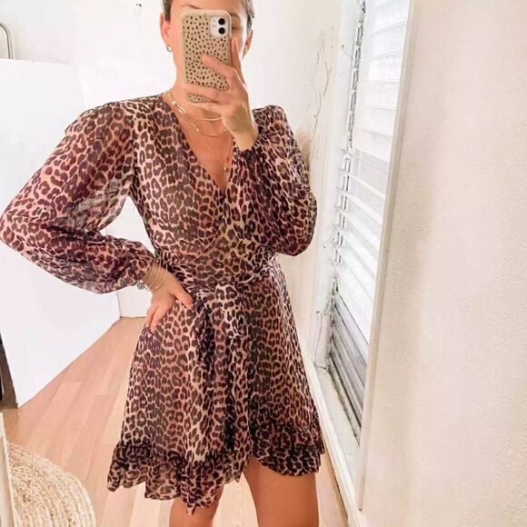 Ganni Mini Black Brown Dress Leopard Print Blouse Long Sleeve Wrap Size S - Picture 7 of 15